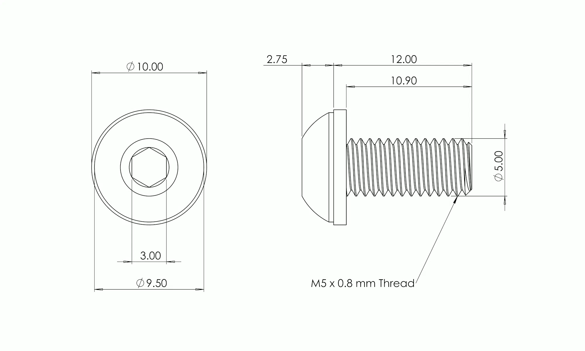 M5x12mm bolt with washer dimensional drawing